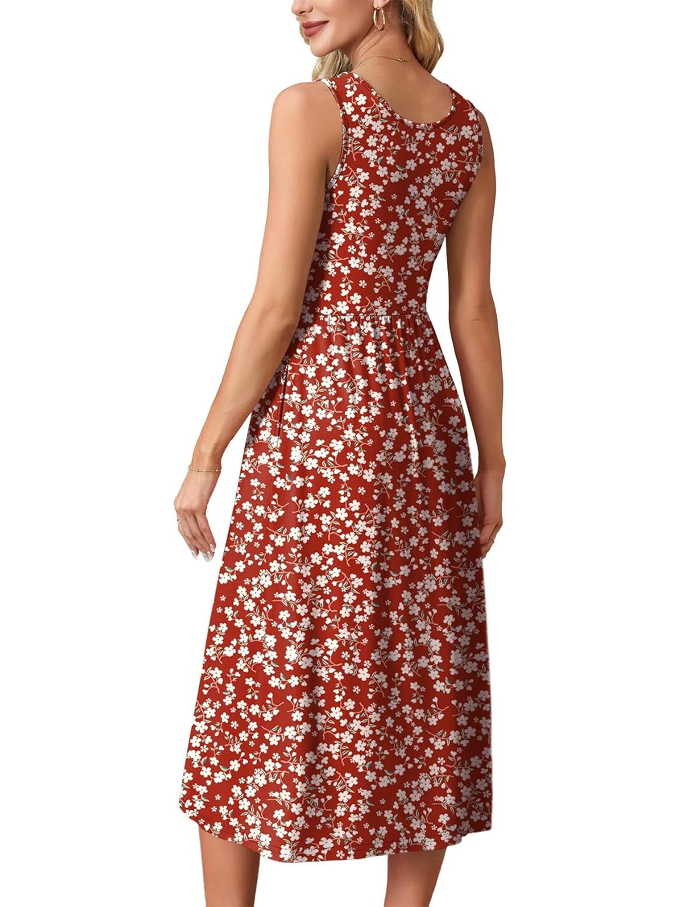 2026 Sommer Neue Kleider für Damen Bedrucktes Lässiges Midikleid Modisches Ärmelloses Rundhals-Strandkleid mit Taschen – Detail 18