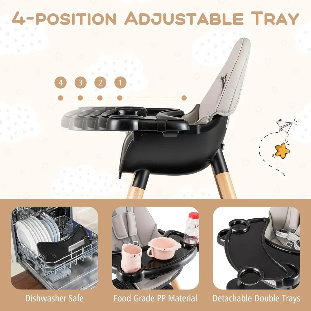 Baby High Chair, 6-in-1 Convertible Wooden Highchair for Babies and Toddlers/Table Set/Toddler Chair with Safety Harness, 4-Pos