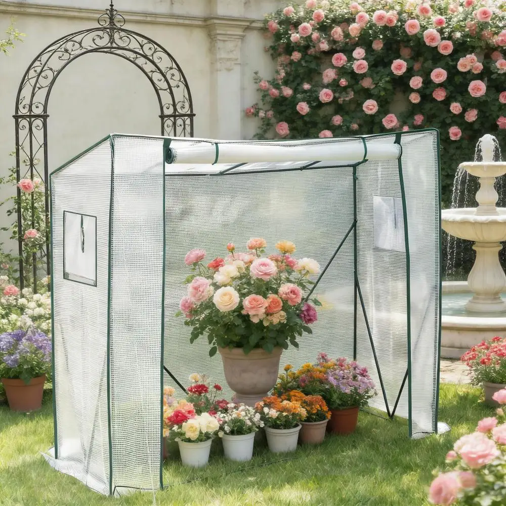 200x77x169cm Anlehn-Gewächshaus mit 130g PE-Abdeckung, Garten-Pflanzzelt mit 2 Fenstern