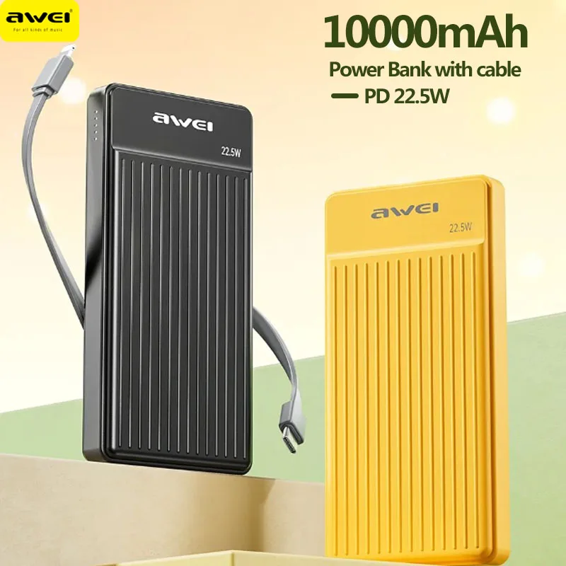 Awei P88K Portable Power Bank 10000mAh With 2 Charging Cable For iPhone 15 14 pro Max/Huawei Powerbank Fast Charge Spare Battery