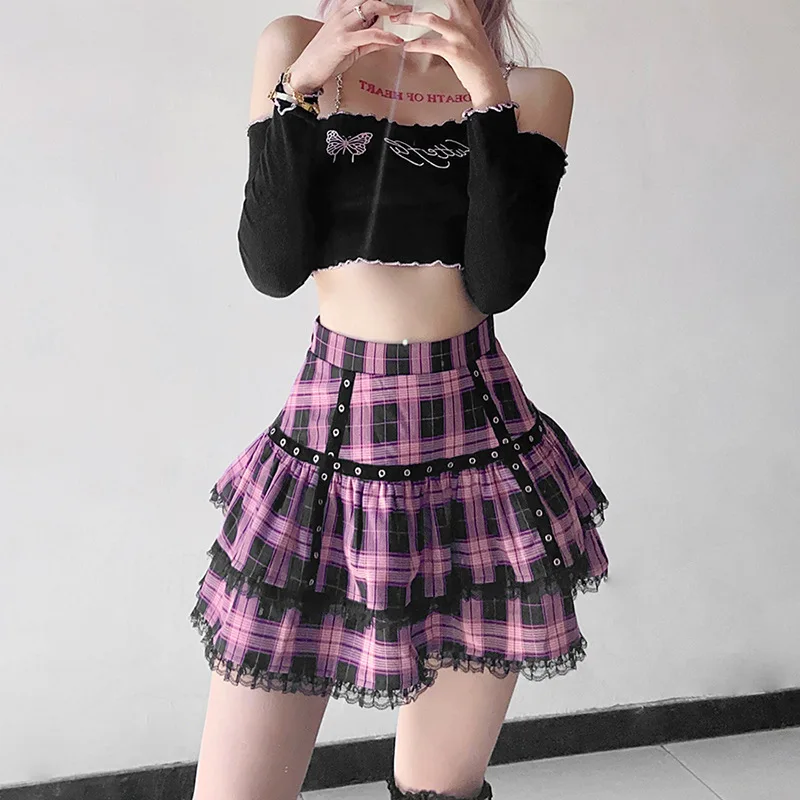 Gothic Purple Pink Plaid Pleated Skirt Japanese Harajuku Girls Punk Sweet Lace Kawaii Lolita Cake Mini Skirts Cosplay Costume