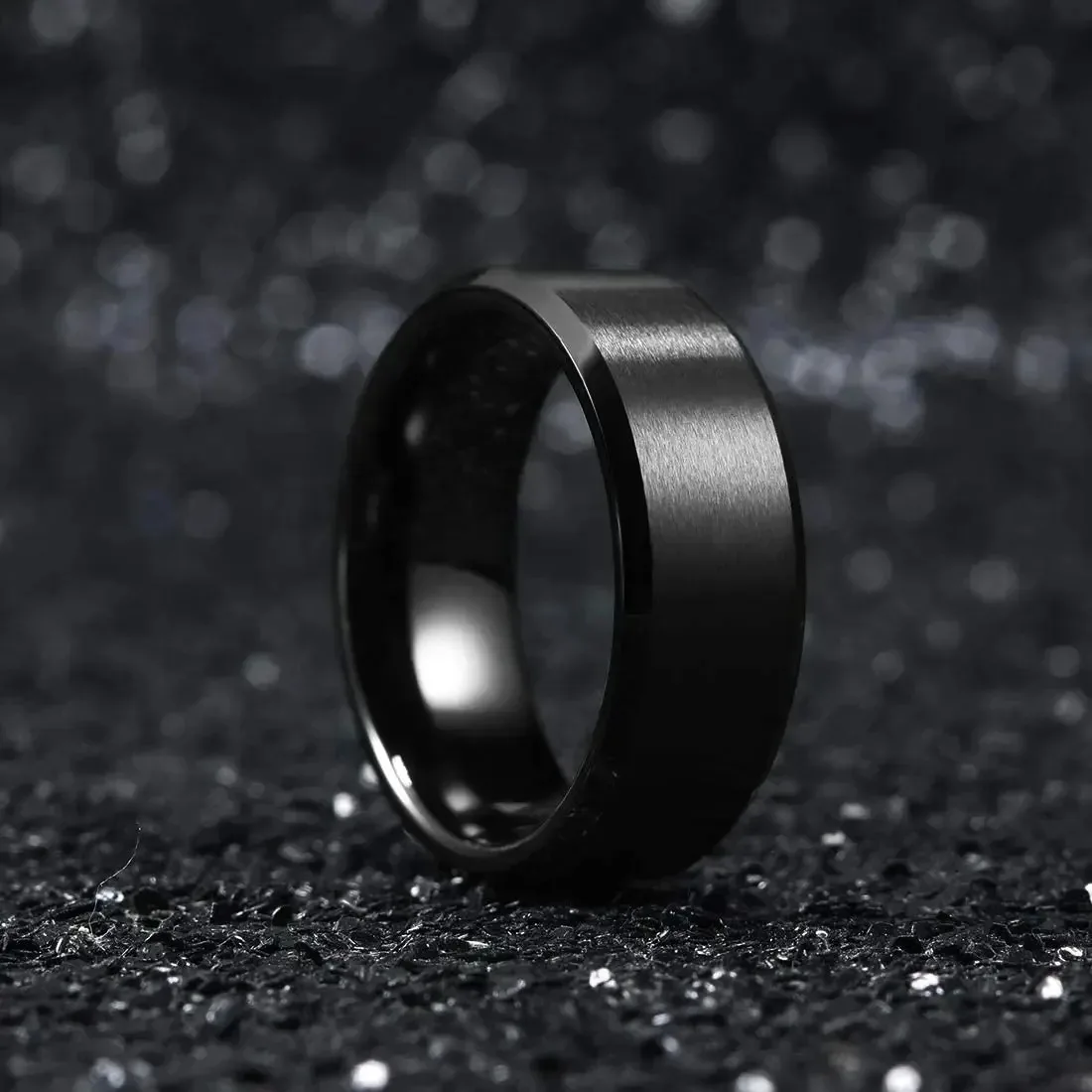 Simple 8mm Black Stainless Steel Rings For Men Women Matte Finish Beveled Edge Men Wedding Rings Party Jewelry Gifts Drop Ship