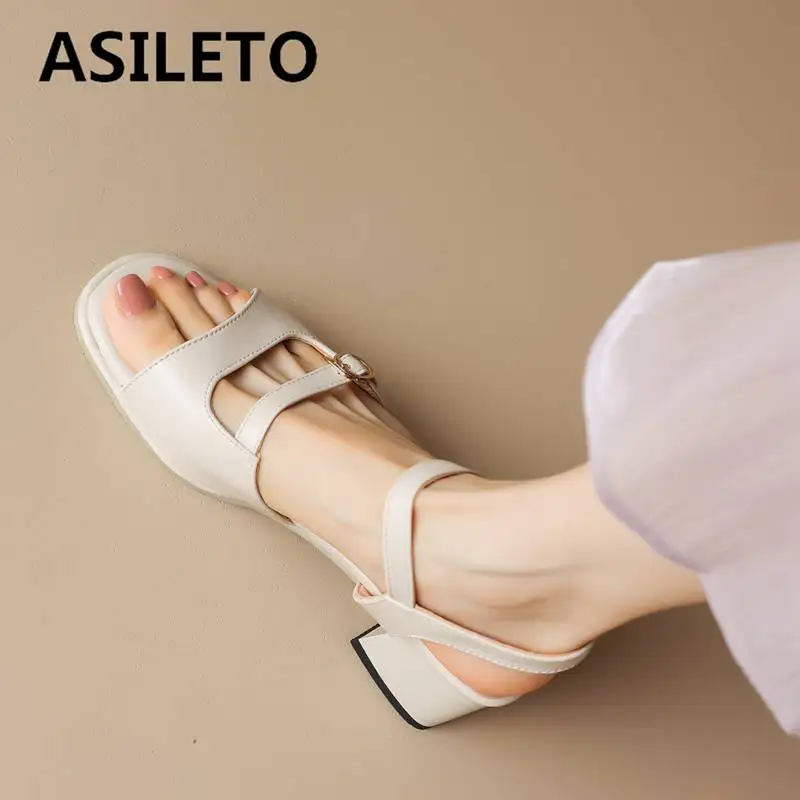 

ASILETO Concise Women Sandals Open Toe Chunky Heels 5cm Double Buckle Straps Plus Size 40 41 42 43 Soft Elegant Female Shoes