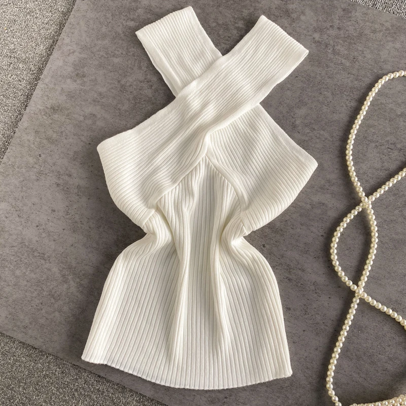 بلوزة صيفية جديدة موديل 2025 بتصميم مثير وياقة متقاطعة محبوكة، ضيقة، بكتف واحد، بدون أكمام، تي شيرت قصير، قطعتين لارتداء الجز...