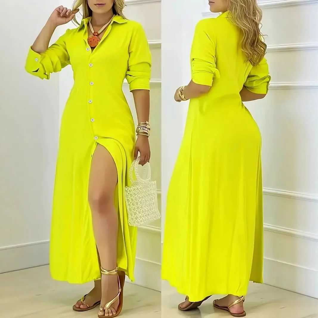 Eleganckie długie sukienki jesienne do biura, nowa moda, codzienne, jednolite, z kołnierzykiem, z długim rękawem, zapinane na guziki, sukienki koszulowe dla kobiet.