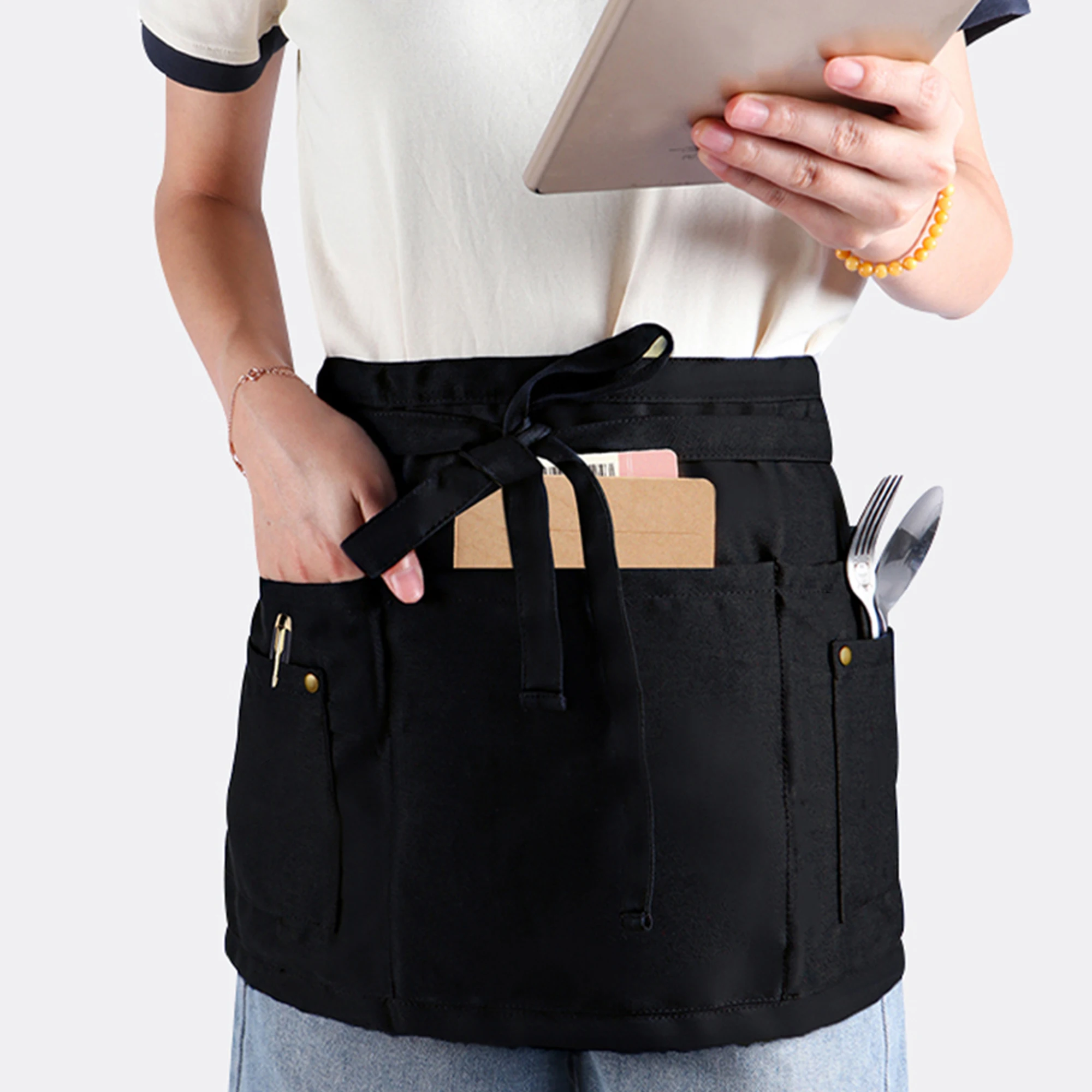 Server Apron with 5 Pockets - Rivet Buckle Unisex Short/Half Waiter Waist Short Apron
