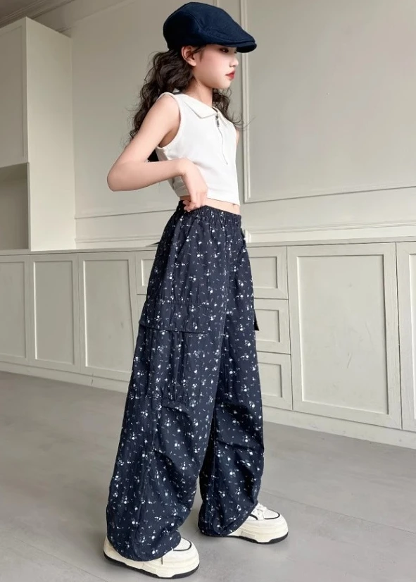 

5-16Y Girls Summer Pants 2025 New Korean Fashion Casual Daily Floral Print Lightweight Straight Wide Leg Cargo Pants
