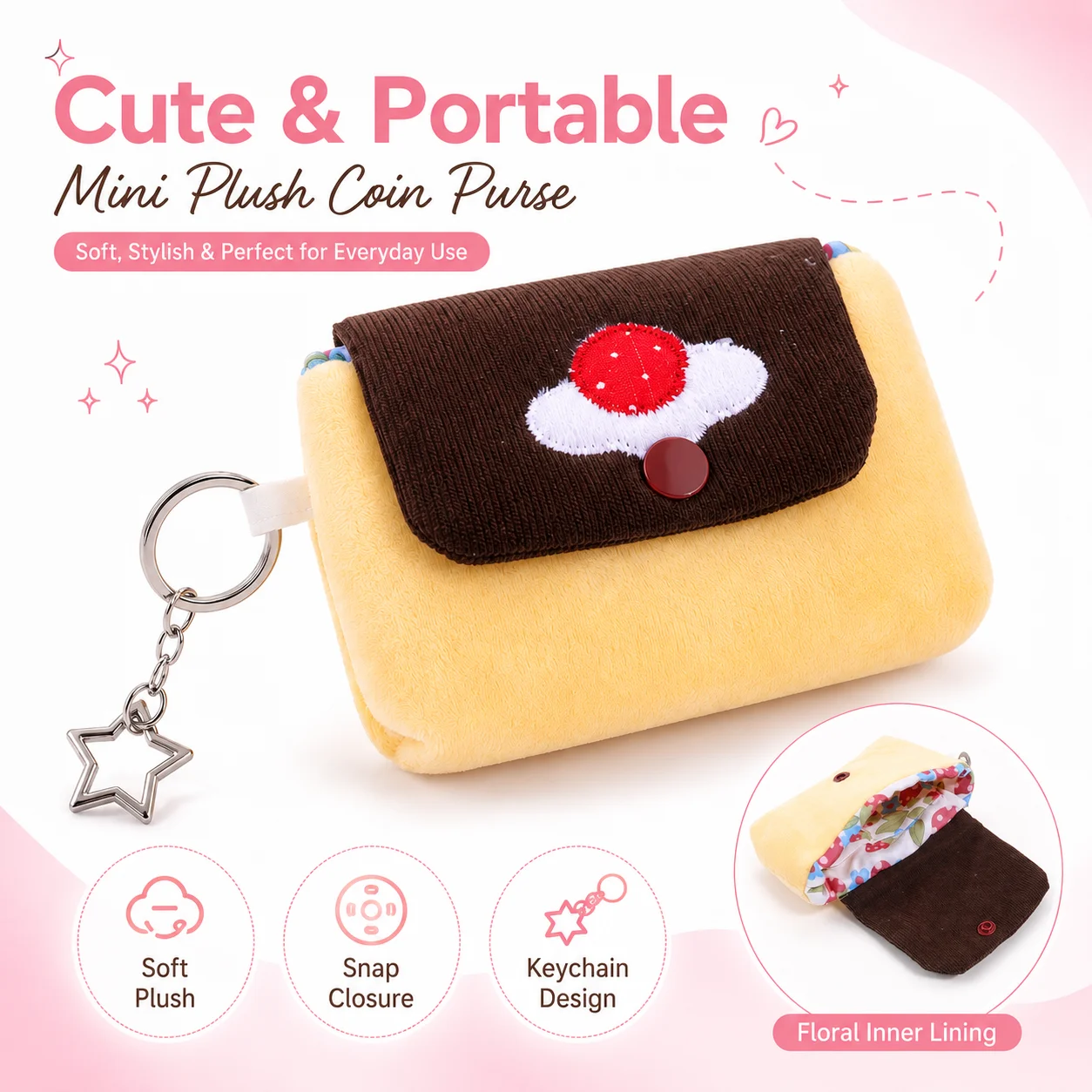 Mini porte-monnaie en peluche mignon en forme de pudding aux cerises avec fermeture à pression, porte-clés, petite pochette portable pour cartes, écouteurs et essentiels