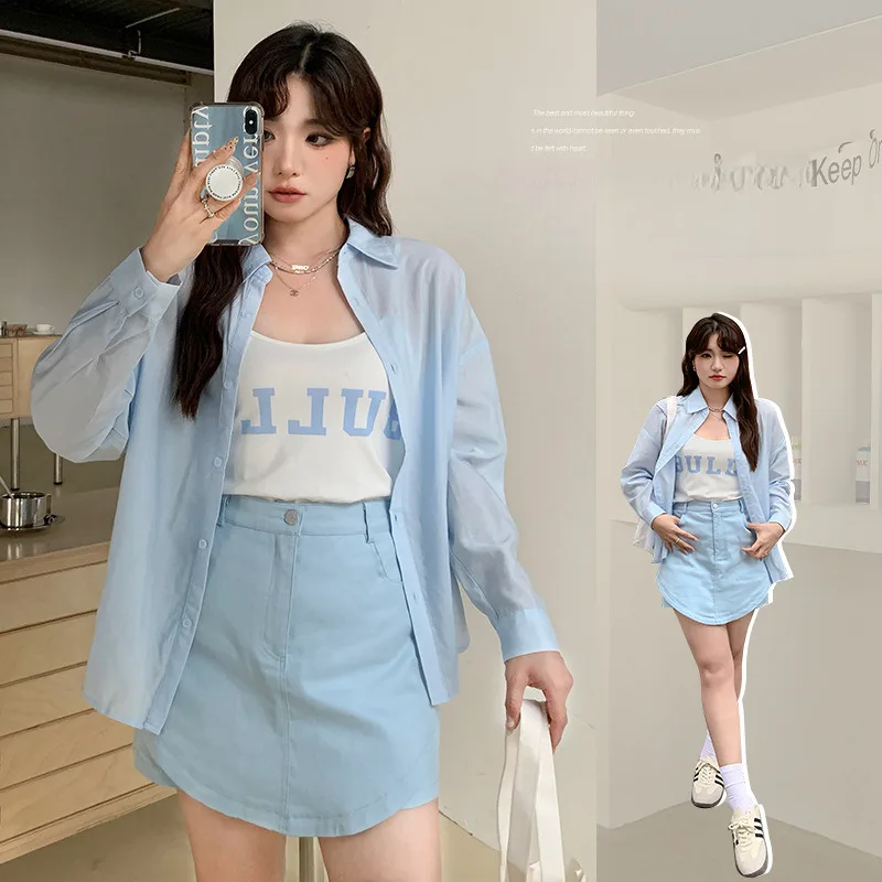 2024summer Cool Blouse Large Size Thin Blue Shirt 투피스 Camisole Vest Short Skirt Outerwear Three Piece Women's Set 투피스 Skirts Set