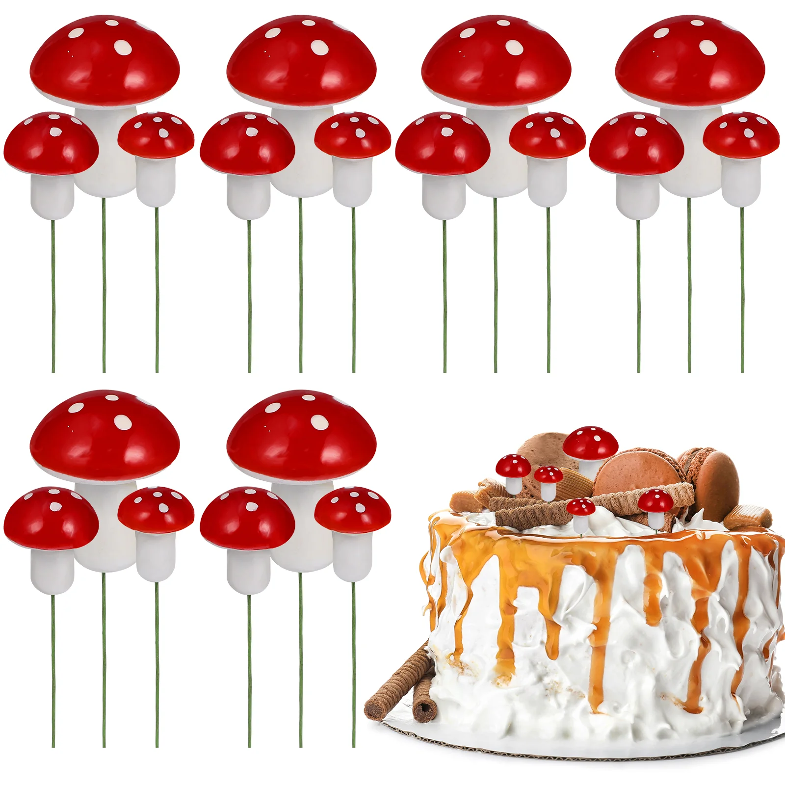 30 Pcs Mushroom Cake Toppers Cupcake Decoration Birthday Decorate Fake Mushrooms Sticks Decorations Foam Dessert Decors Baby