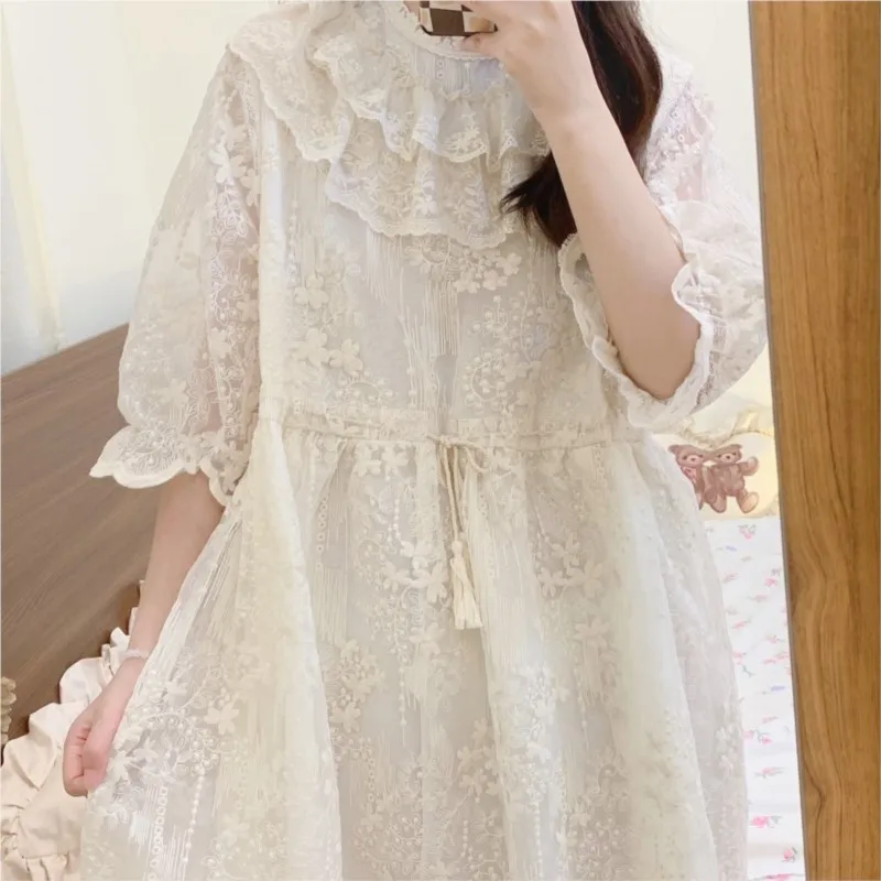 Vestido japonês de manga curta com gola de folha de lótus de renda de camada dupla doce verão suave francês