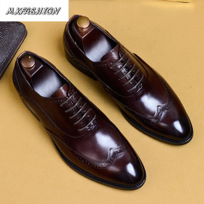 Men's Business Formal Oxford Shoes Genuine Leather Pointed Toe Lace Up Flats Wedding Footwear