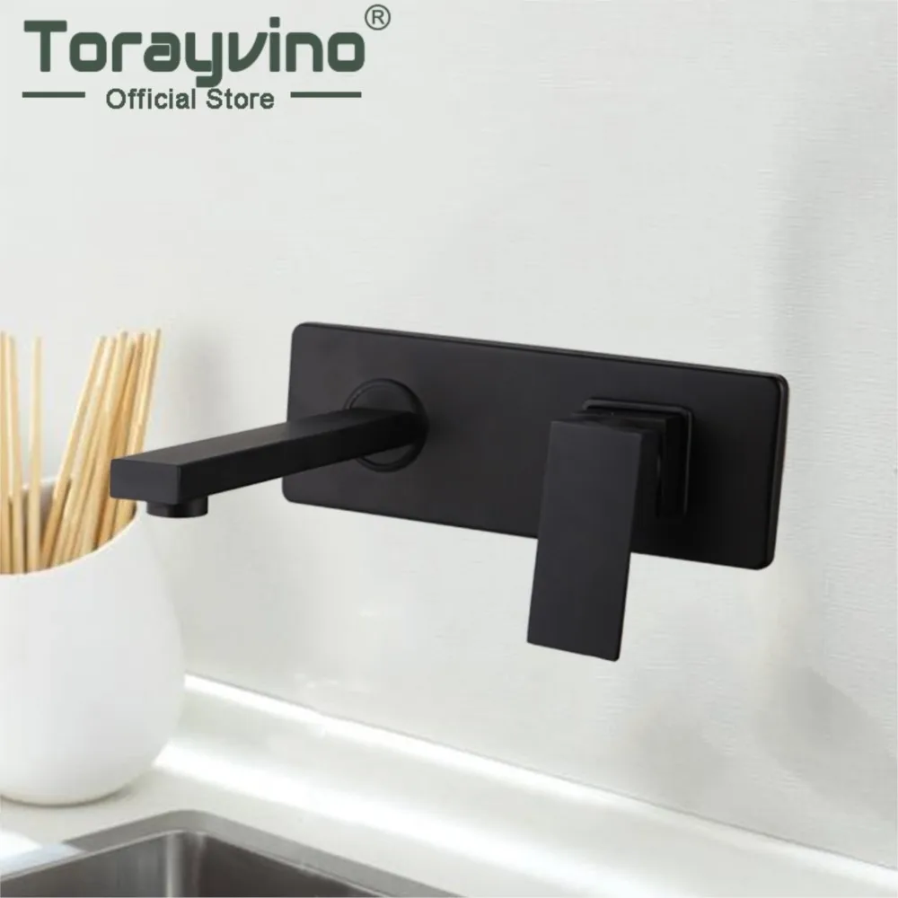 

Torayvino Matte Black Bathroom Sink Faucet Brass Water Column 1 Handle Faucets Wall Mounted Washbasin Cold And Hot Water Tap