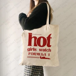 Letter Hot Girls Watch Formula 1 Pattern Tote Bag Casual Canvas Shoulder Bags Women Shopping Bag Carrier Bag