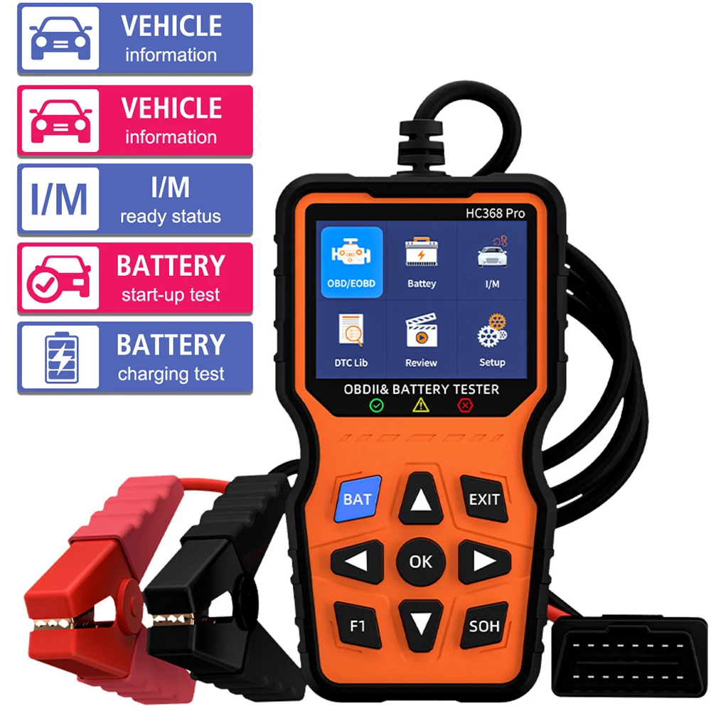 

HC368 Pro Тестер батареи Сканер OBD II Тестер неисправностей автомобильного аккумулятора Универсальная проверка системы двигателя Считыватель прозрачных кодов