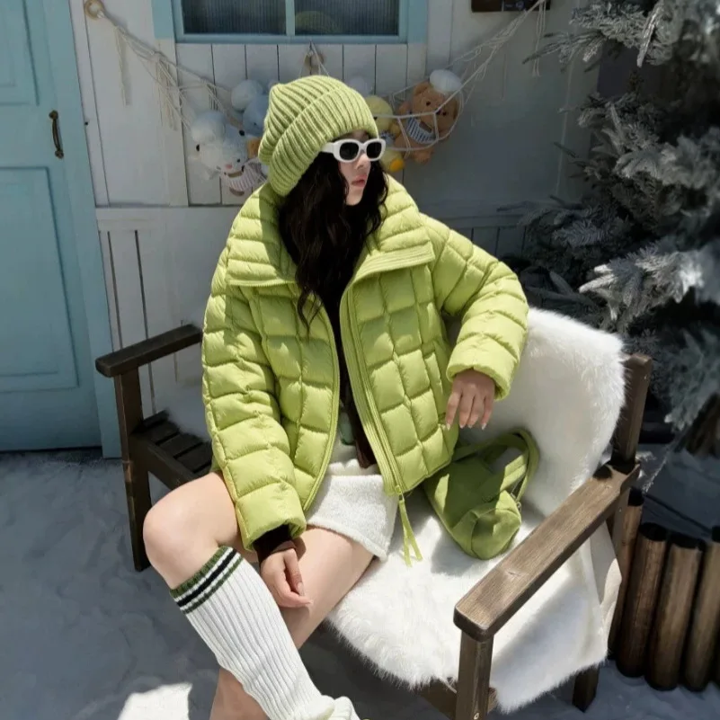 Winter Double Stand Collar Grid Down Jacket Women White Duck Down Waterproof Outwear Female Warm Thick Zipper Fluffy Down Jacket