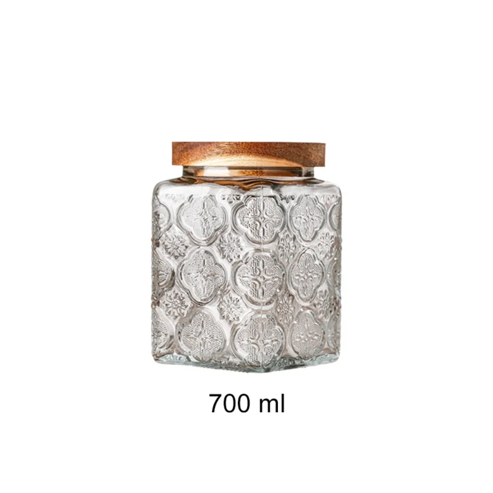 Household Vintage Embossed Glass Storage Jar Wood Lid Square Mason Jar Thickened Transparent Grains Storage Box Nut
