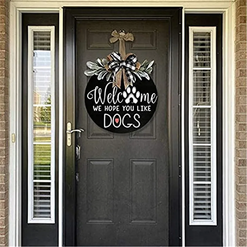 Acrylic Welcome Sign Wreath Front Door Hanger with Bow Round Outdoor Hanging Vertical Sign Pet Dog Cat Home Decoration