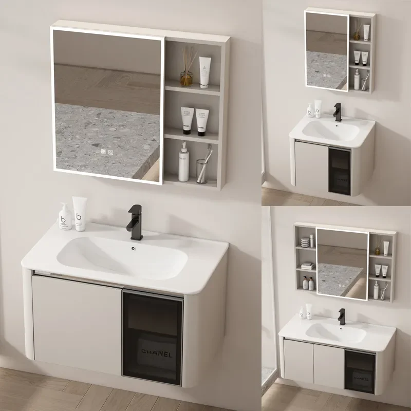 Modern Cream Bathroom Vanity with Ceramic Integrated Sink Honeycomb Aluminum Carbon Fiber Rounded Corner Washbasin Combo