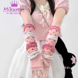 Mikumn Harajuku Y2k Long Fingerless Gloves Women Japanese Kawaii Pink Polka Dot Knitted Arm Sleeve Winter Arm Warmer Gloves