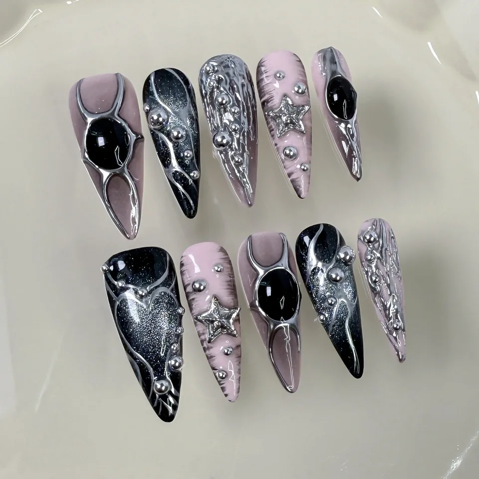 10 piezas de uñas postizas Spice Girl con rayas plateadas metálicas, hechas a mano, largas, efecto ojo de gato azul-rosa, stiletto desmontables 4