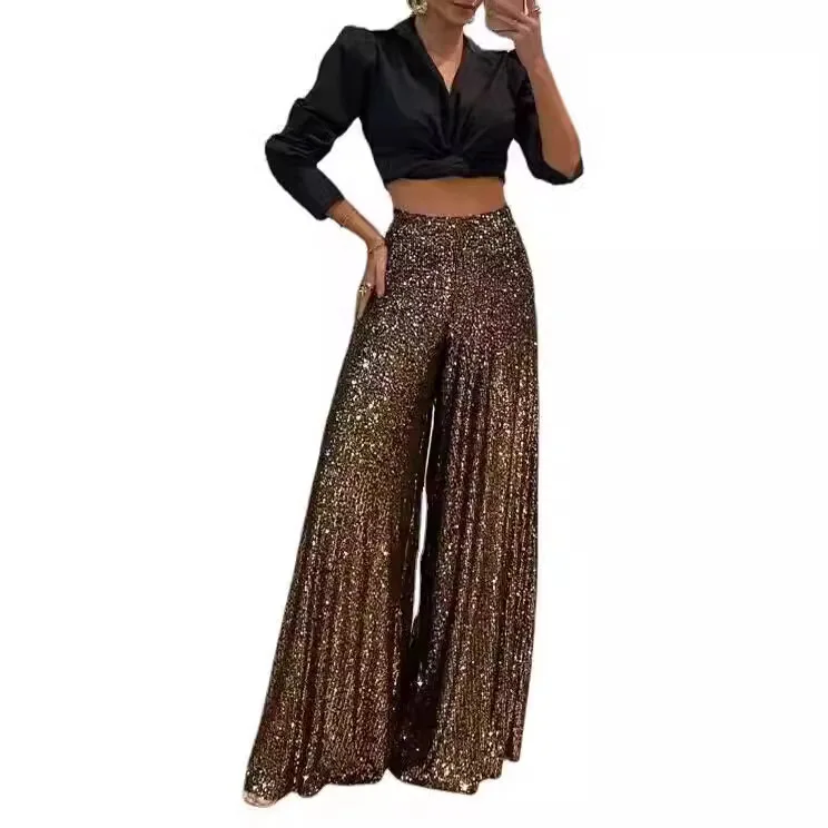 2026 New Fashion High Waist Sequined Flare Pants Women Spring Casual Loose Solid Color Home Long Wide Leg Pants Women