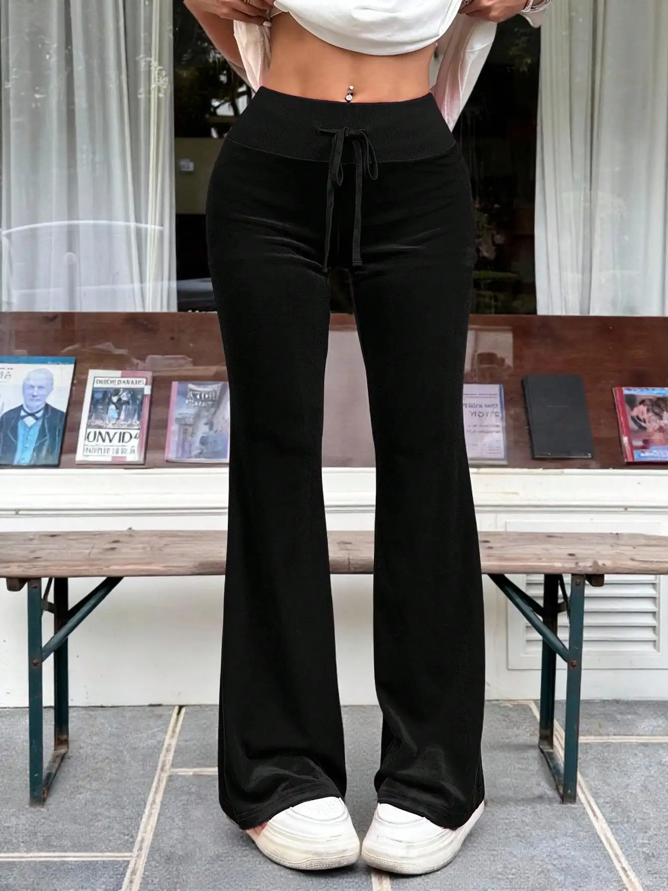 

Women's Black Velvet Flare Pants with High Waist and Drawstring