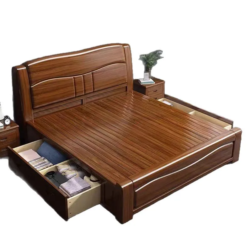 

Walnut solid wood single double bed carved master bedroom wedding bed high box storage row skeleton bed