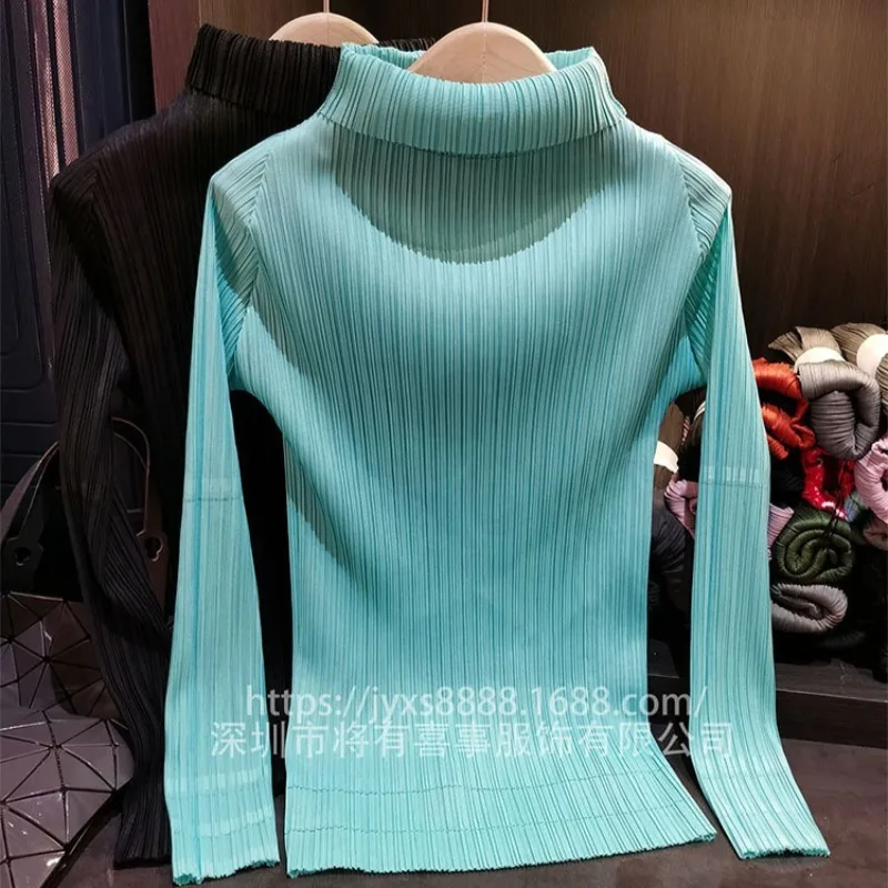 Miyake Pleated Solid Color Long-sleeved T-shirt Stand-up Collar Slim Fall Winter New Simple Commuter Bottoming Shirt Top Women's