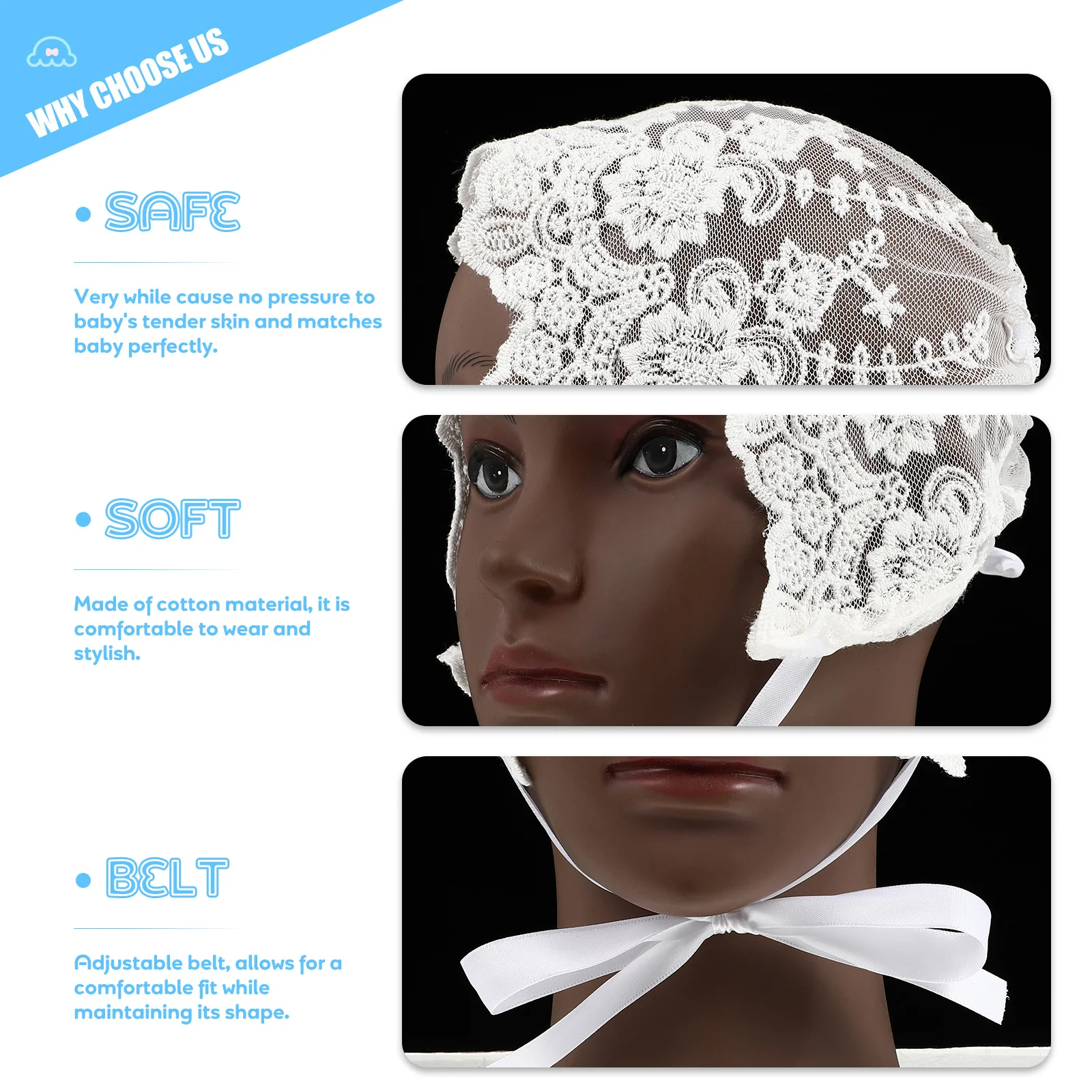 

1Pcs Lace Girls Hat White Cotton Breathable Adjustable Comfortable Baby Cap Perfect Gift Travel Party Baby Lace Cap