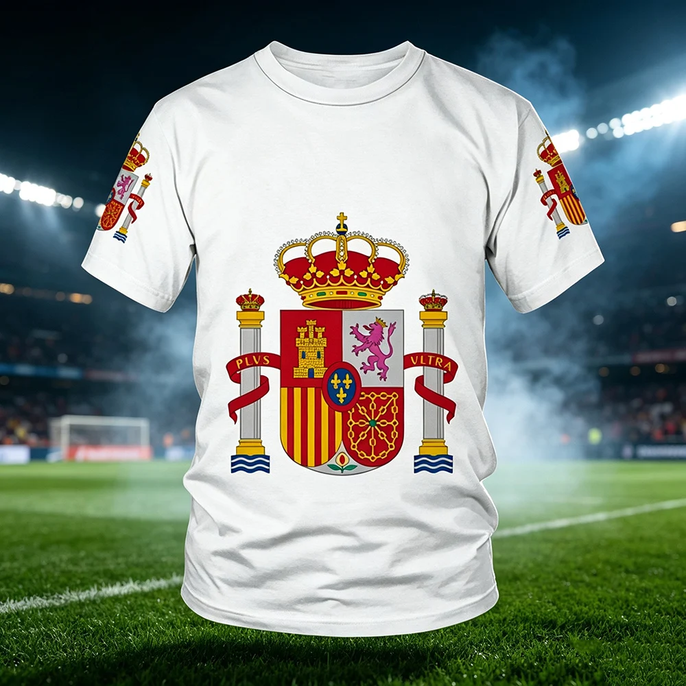 New Hot Spain National Coat of Arms T-Shirt for Men Royal Emblem Patriotic Football Fan Short Sleeve Crew Neck Family Kids Tees