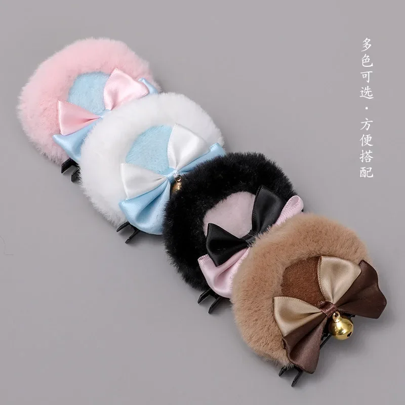 Faux Fur Clips de Cabelo com Double Bowknot Bell, Orelhas de Urso Redondas, Pelúcia Animal Hairpins, Anime Lolita Kawaii Cosplay Acessórios, Doce