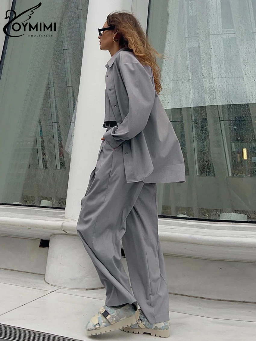 Oymimi Fashion Loose Gray Pants Sets For Women 3 Pieces Elegant Long Sleeve Shirt + Tank Top With High Waist Wide Trousers Suits