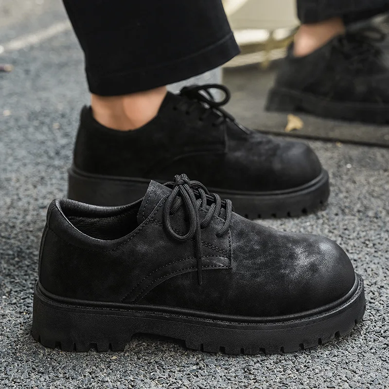 High Quality Men Vintage Distressed Leather Derby Shoes Lace Up Thick Non Slip Sole Tooling Shoes Streetwear Casual Oxford Shoes