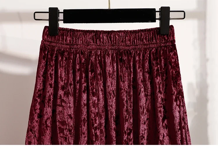 Burgunderroter Plissierter Samt-Midi-Rock für Damen, A-Linie, Herbst/Winter 2026, Vielseitig, Figurbetont, Mittellang, Lässig, Vielseitige Halbrocke – Detail 16
