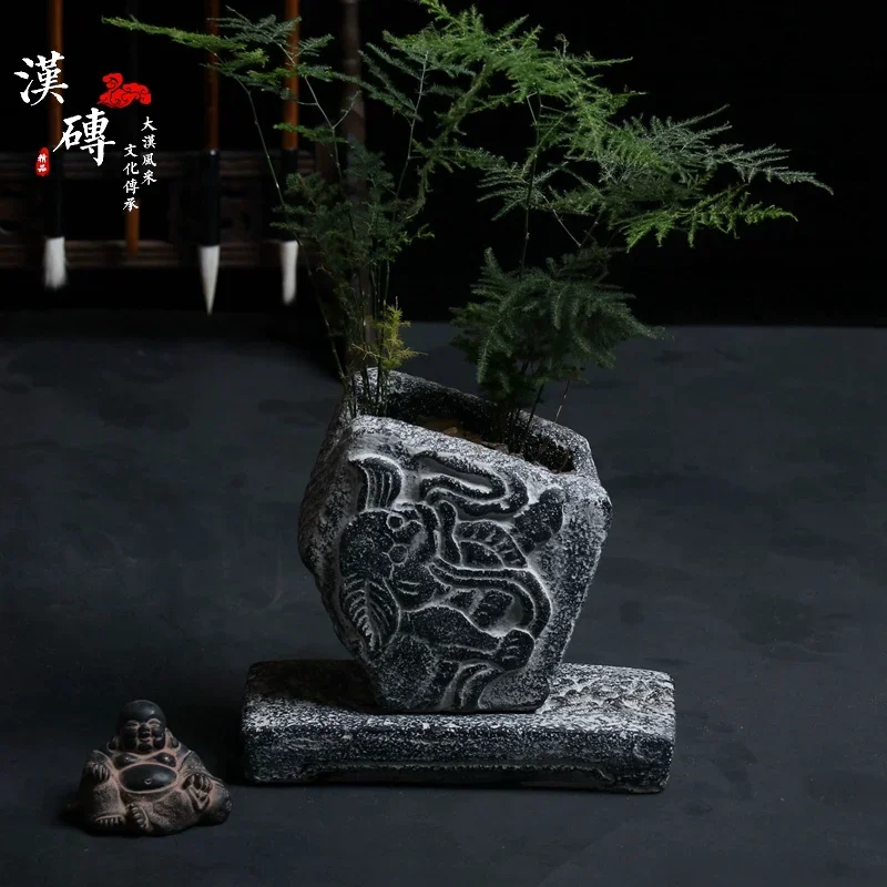 Handmade Carved Pottery Bonsai Pot, Chinese Pattern,Classical Home Table, Garden Decoration, Chinese Pattern