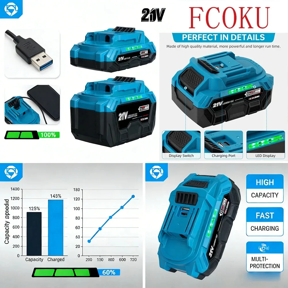 High-Qual21V 3/4/6Ah Replacement for Makita 18V LXT BL1850 BL1840 Battery, Type-C Fast Charging with BMS Protection, Power Tools