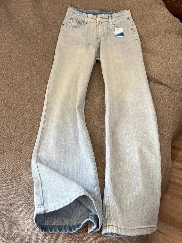 

Light Blue Bamboo Texture Men's Jeans Spring Autumn Washed Vintage Straight Leg Micro Flared Cleanfit Slimming Trousers