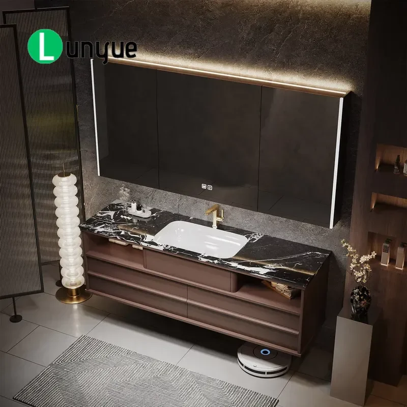 Floating Bathroom Vanity with Sintered Stone Basin Smart LED Mirror Cabinet Solid Wood Classic Minimalist Aesthetic Wall