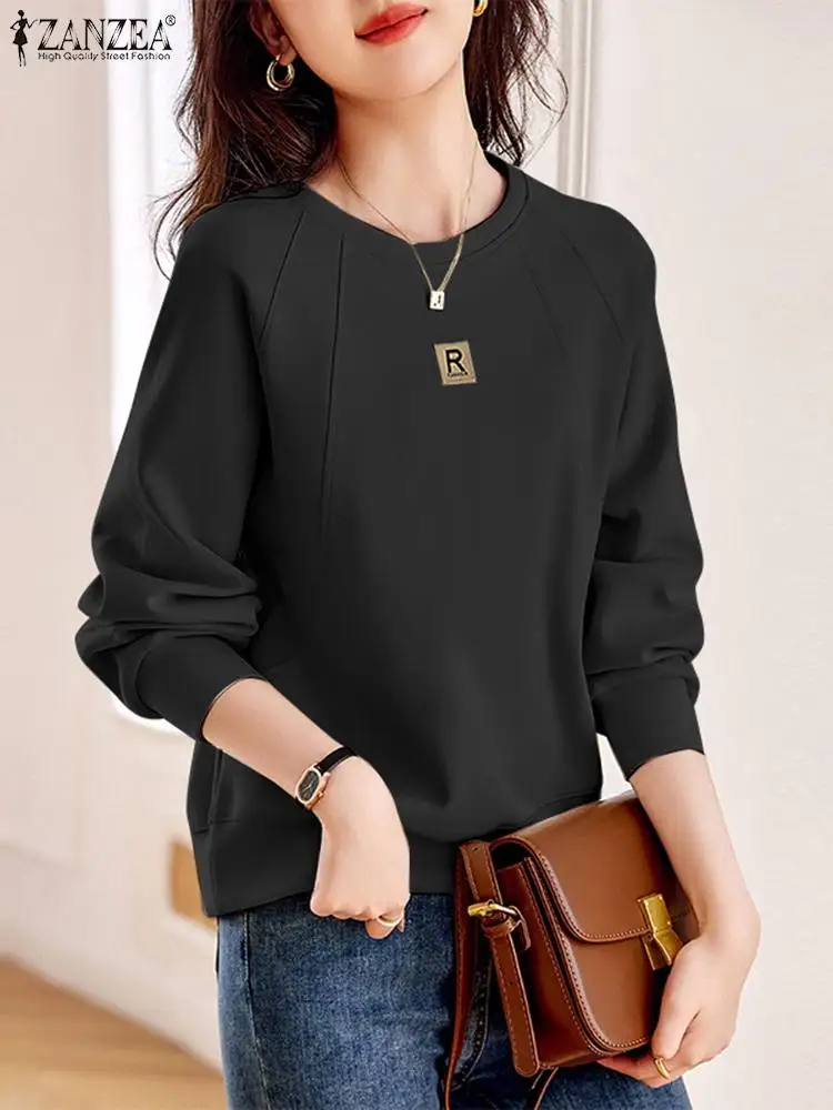 2023 ZANZEA Fashion Autumn Sweatshirt Casual Solid Pullover Female Work Hoodies Blouse Chemise Women Elegant Long Sleeve Tops