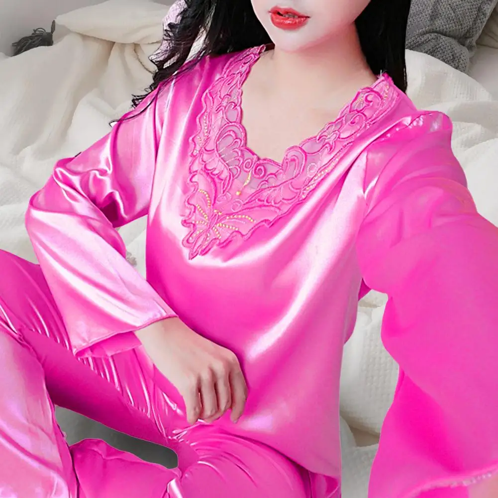 2 Pcs/Set Women Pajamas Set Silky Long Sleeves V Neck Solid Color Loose Sleeping Lace Plus Size Women Nightie Set for Bedroom