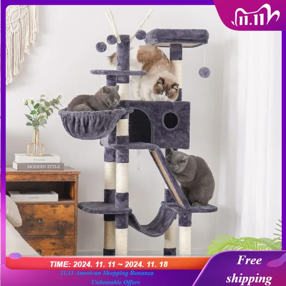 Cat Tree, 61 inch Cat Tower for Indoor Cats, Cat House with Padded Platform Bed, Toy Balls, Large Cozy Condo, Posts, Smoky Gray