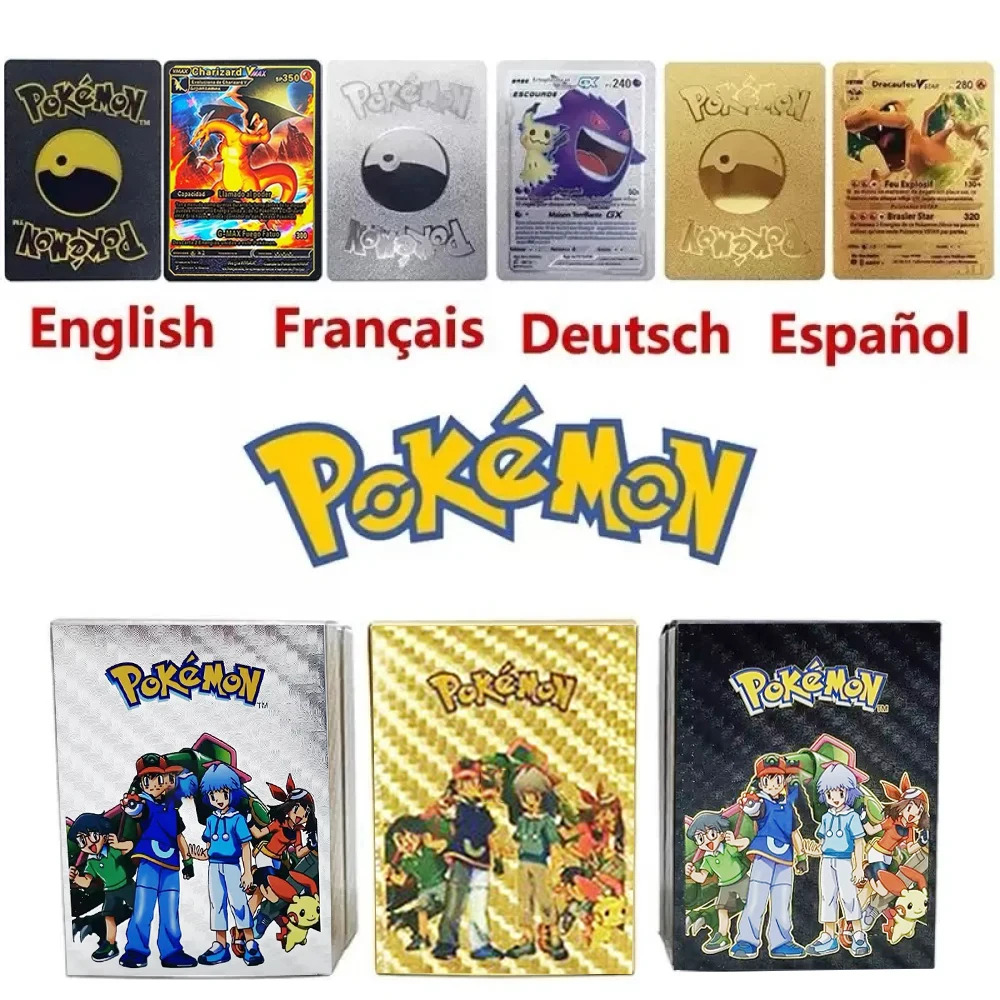 Cartes Pokemon 10-55 pièces, lettres dorées en feuille d'or, anglais, espagnol, français, allemand, cartes de jeu Metalicas Charizard Vmax Gx Series, cadeau
