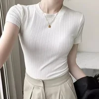 Camiseta Harajuku Y2k para mujer, pantalón corto informal, Tops de manga, ropa de punto de moda coreana para mujer, camisetas blancas y negras 2024