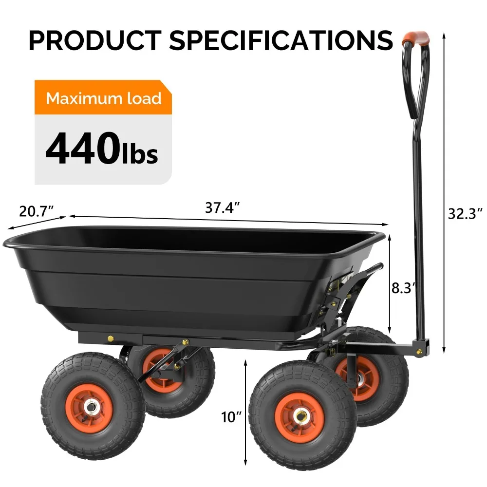 Dump Cart Wagon, 440LBS Quick-Release Dump Wheelbarrow, All-Terrain 10