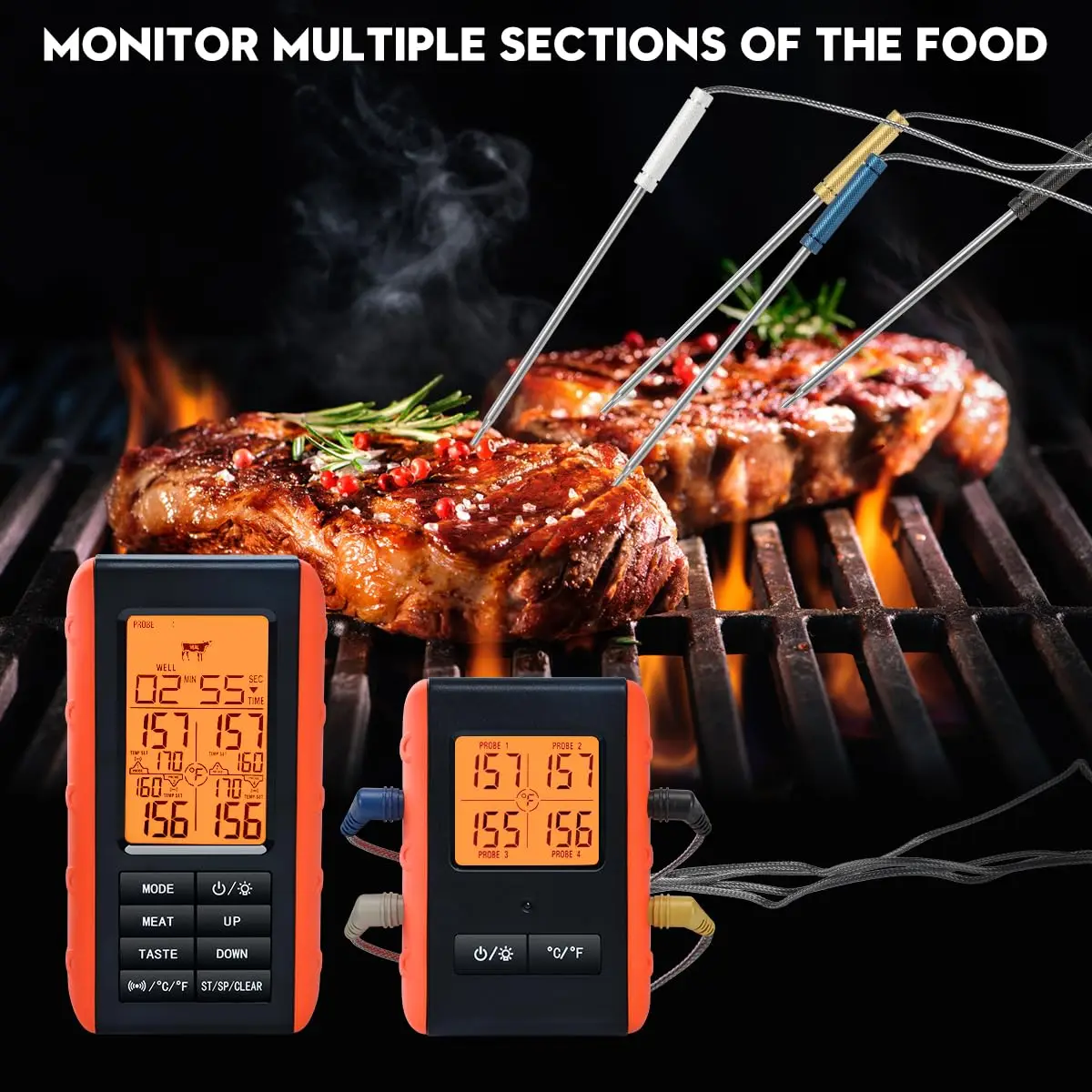Wireless Meat Thermometer with 4 Probes for Grilling, Smoking, BBQ & Oven Cooking