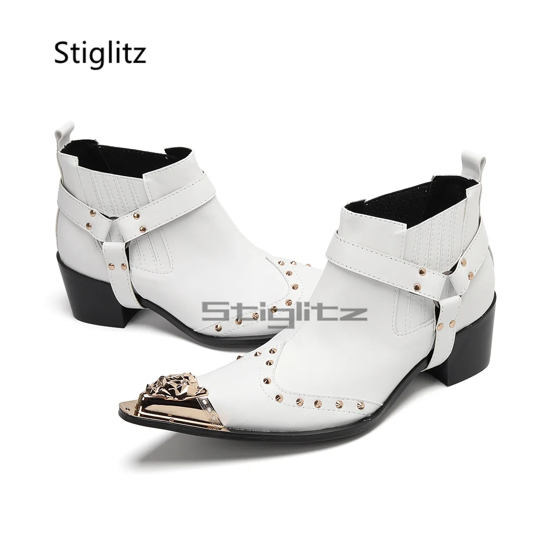 Men's White High Heels Chelsea Boots Metal Pointed Toe Rivet Genuine Leather Ankle Boots Autumn Winter Business Party Shoes