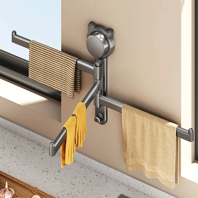1pc Strong Suction Cup Kitchen Dish Towel Rack with 3pcs Hooks,Towel Holder, Window Sill Multi-Rod Rotatable Draining Rack
