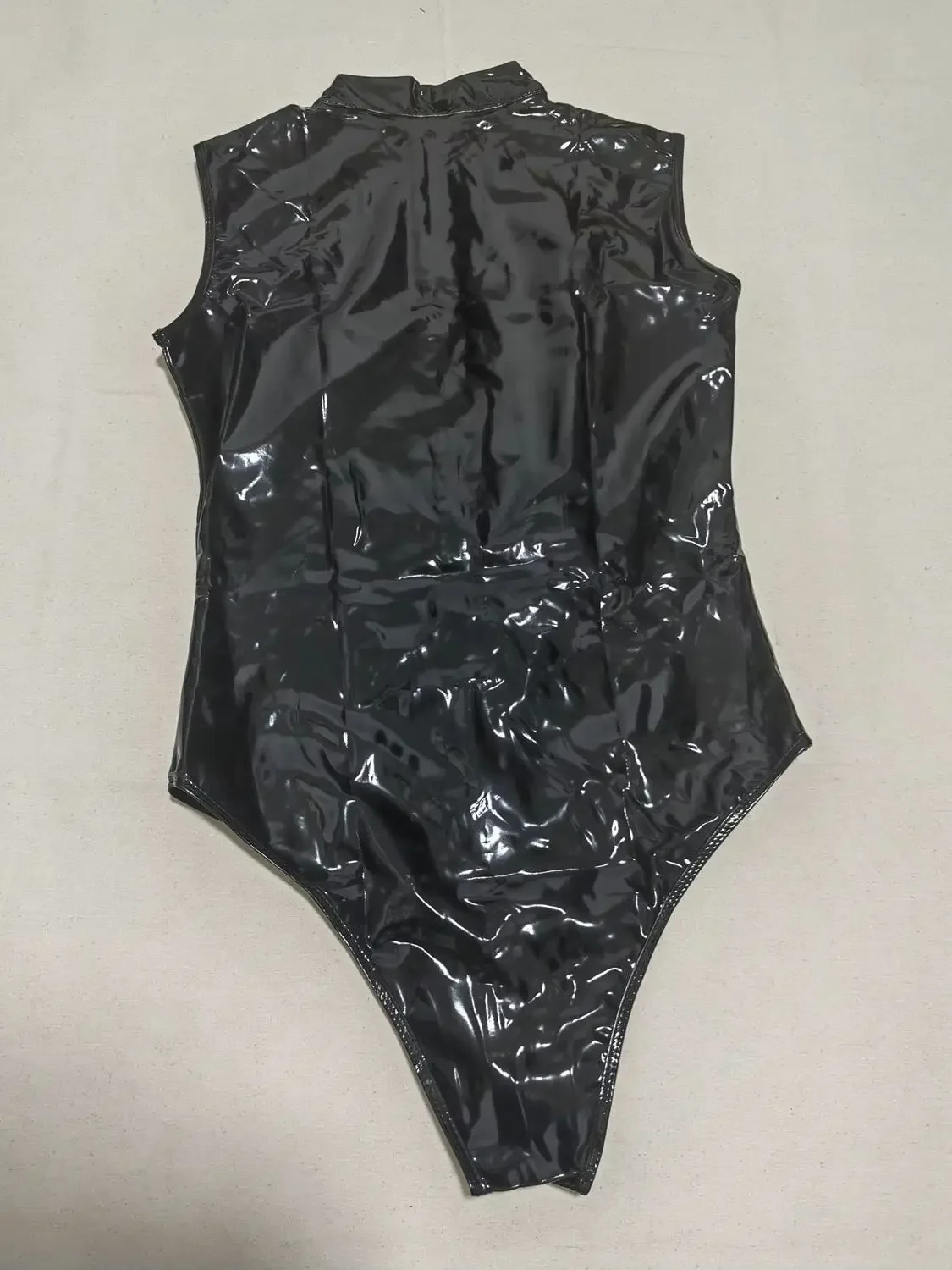 Plus Size Women PU Bodysuit Sleeveless Wet Look PVC Jumpsuit Shiny PU Leather Zipper Bodysuit Elastic Tights Maid Leotard