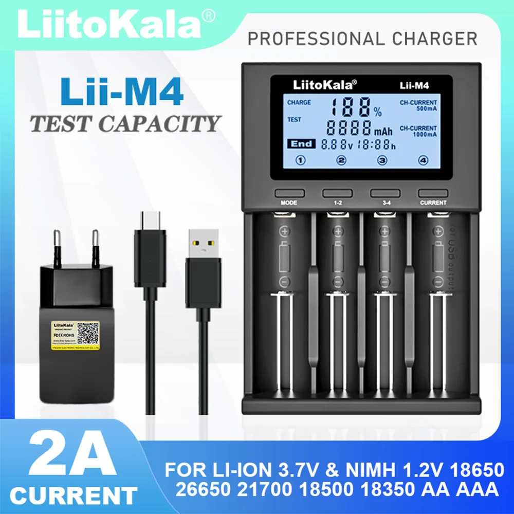 Wielofunkcyjna ładowarka LiitoKala Lii-M4S/M4 18650 LCD do 3.7V 1.2V 26650 21700 14500 18350 17500 AA AAA A C i inne